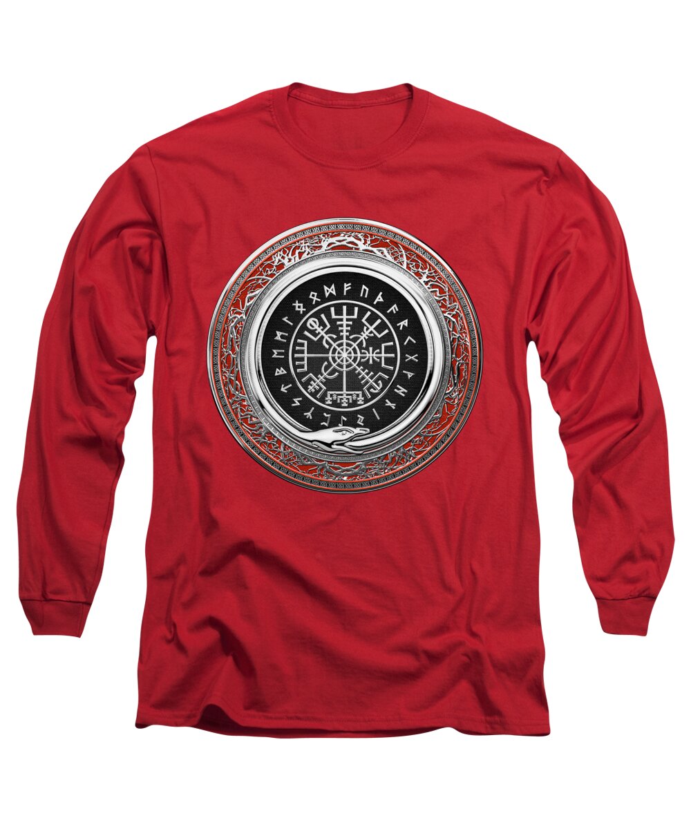 'viking Treasures' By Serge Averbukh Long Sleeve T-Shirt featuring the digital art Vegvisir - A Silver Magic Viking Runic Compass on Red Leather by Serge Averbukh