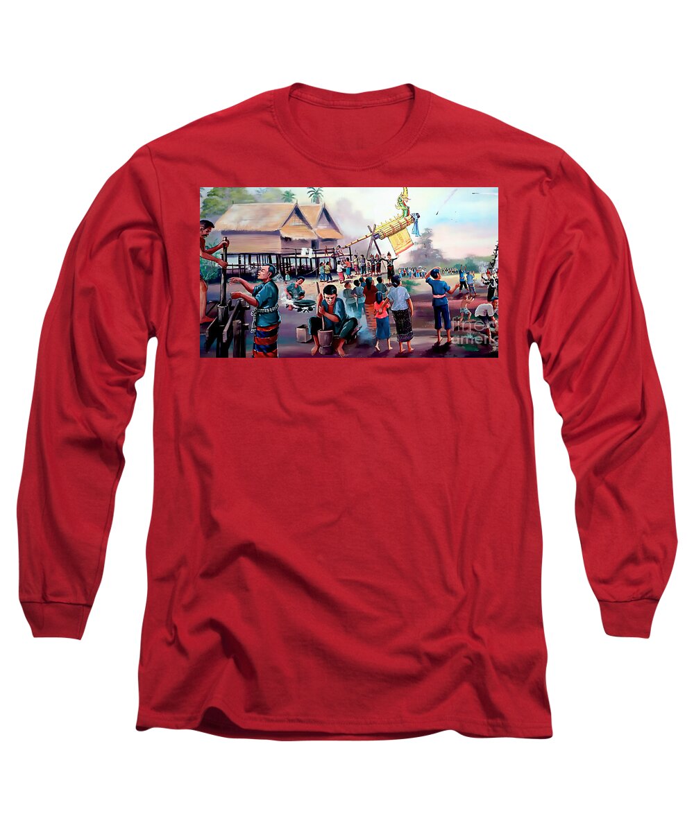 Thailand Long Sleeve T-Shirt featuring the painting Village Rocket Festival-Vintage Painting by Ian Gledhill