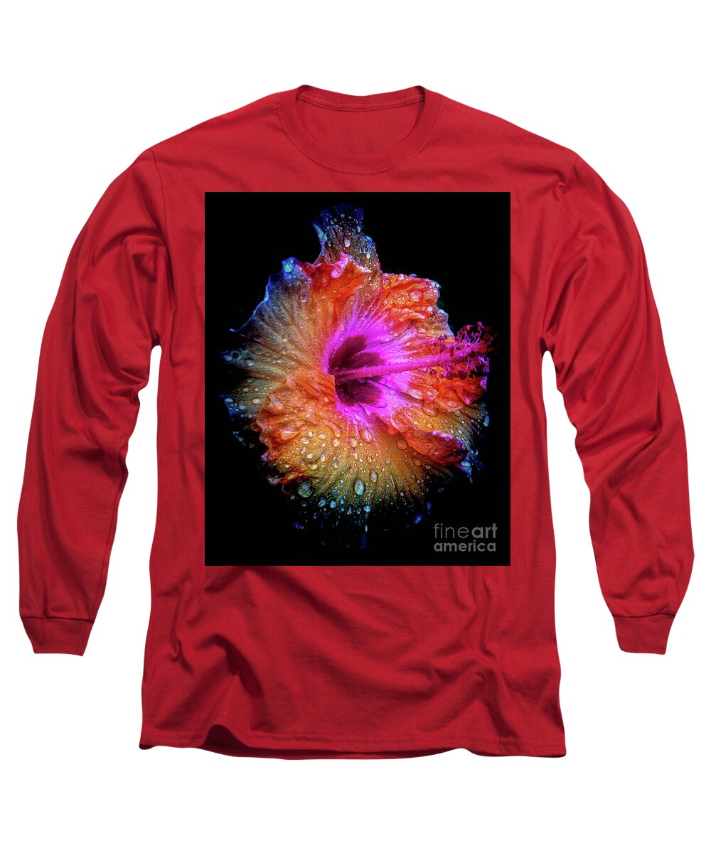 Flower Long Sleeve T-Shirt featuring the photograph Wet Hibiscus-snapseeded by Barry Bohn