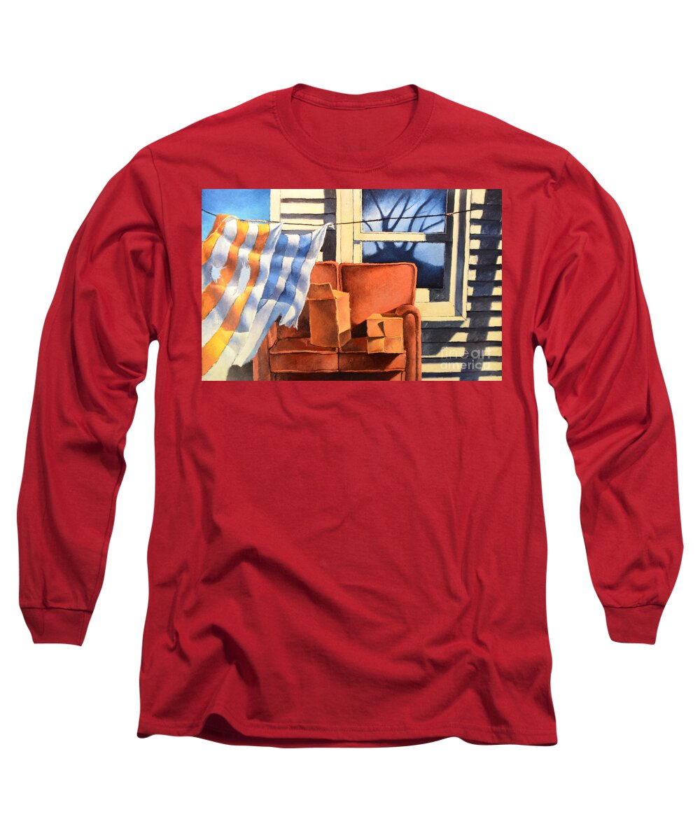 Couch Long Sleeve T-Shirt featuring the painting Window with couch and towels by Christopher Shellhammer