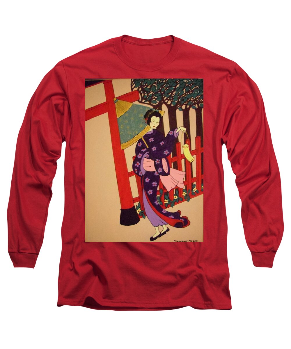 Geisha Long Sleeve T-Shirt featuring the painting Windy Day by Stephanie Moore