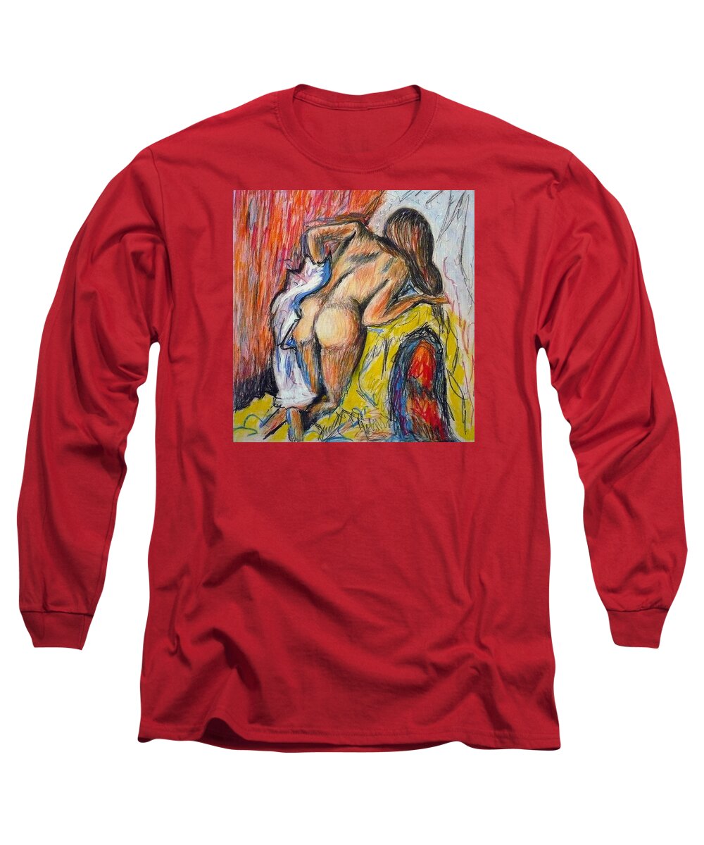 Woman Long Sleeve T-Shirt featuring the drawing woman drying herself by Degas by Ericka Herazo