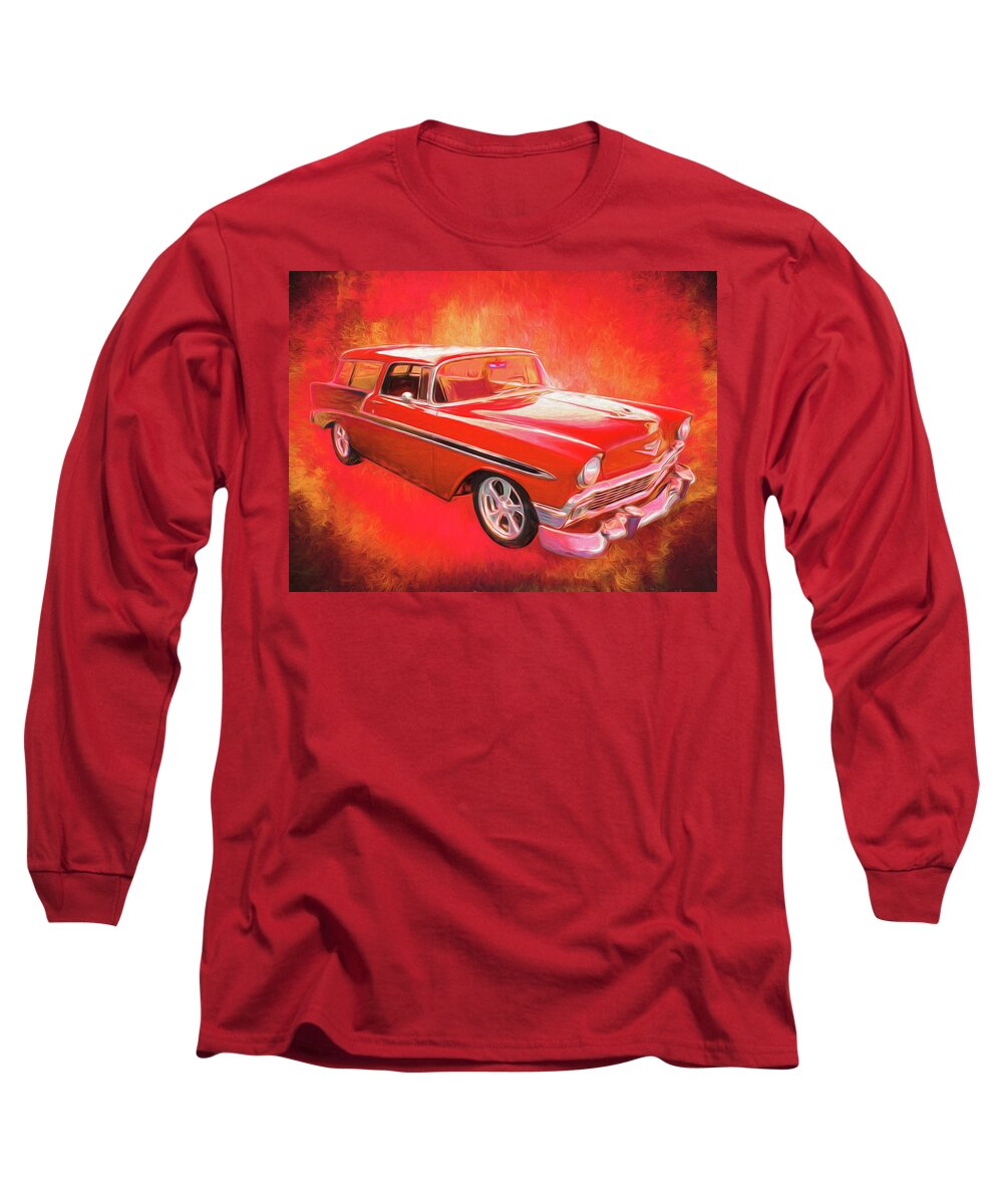1956 Nomad Black.red Long Sleeve T-Shirt featuring the digital art 1956 Chevy Nomad by Rick Wicker