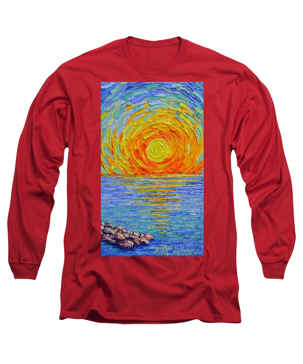 Sun Long Sleeve T-Shirt featuring the painting ABSTRACT SEA SUNRISE REFLECTIONS modern impressionist impasto knife oil painting Ana Maria Edulescu by Ana Maria Edulescu