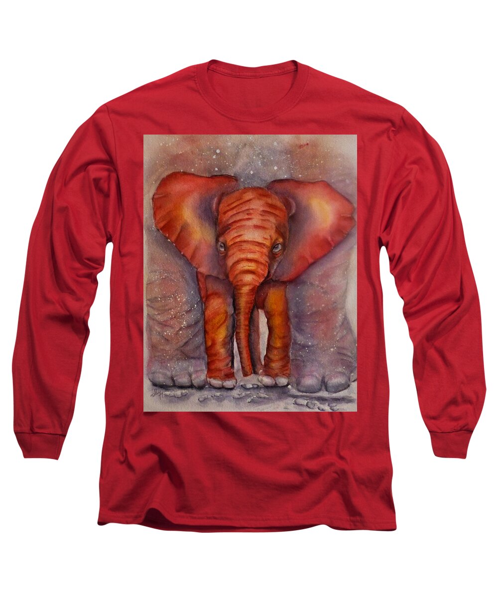 The Playroom Long Sleeve T-Shirt featuring the painting Baby Elephant Cozy Under Mama by Kelly Mills