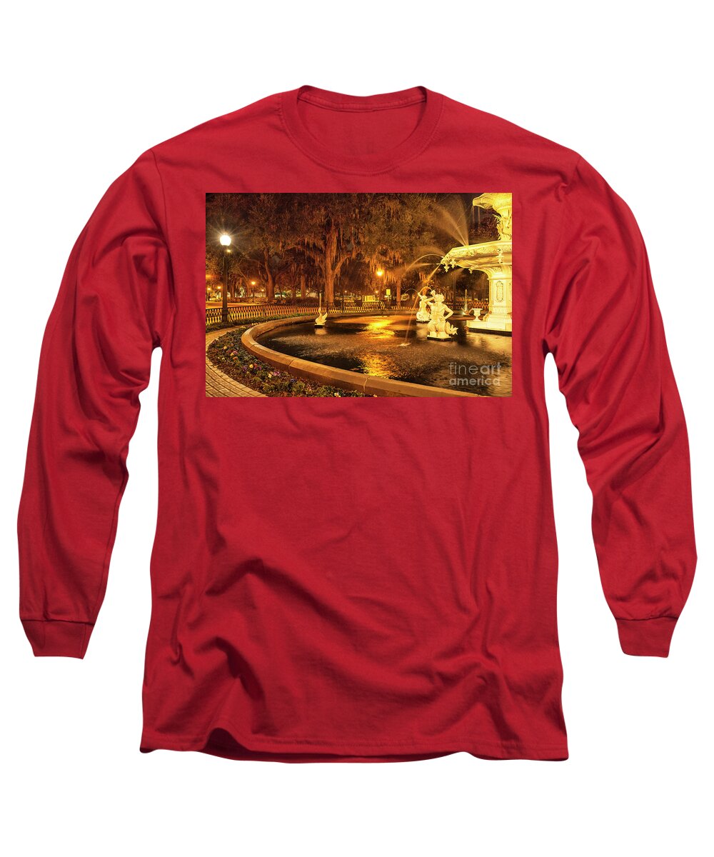 Photography Long Sleeve T-Shirt featuring the photograph Fountain At Night, Forsyth Park, Savannah, GA by Felix Lai