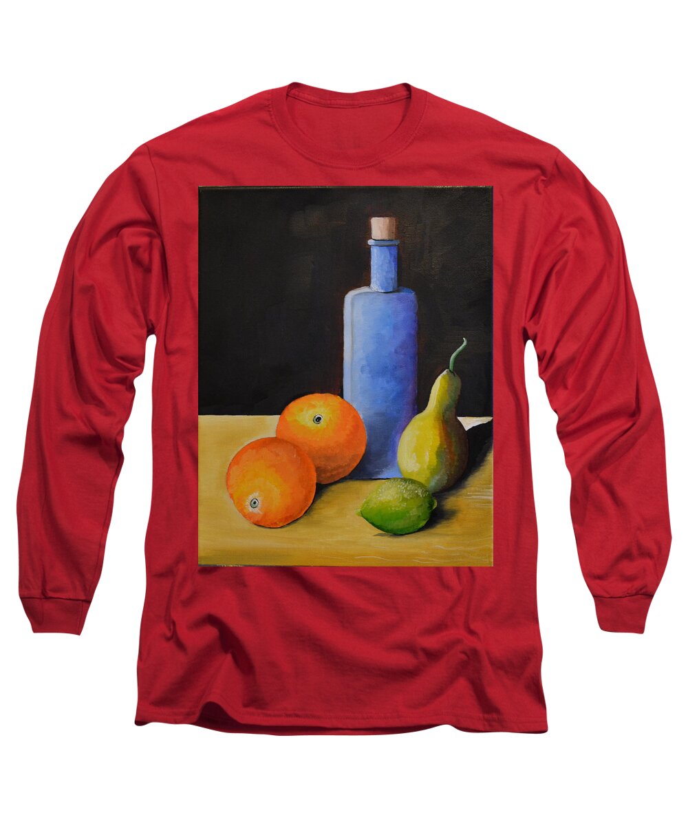 This Is An Oil Painting Of Oranges Long Sleeve T-Shirt featuring the painting Fruit and Bottle by Martin Schmidt