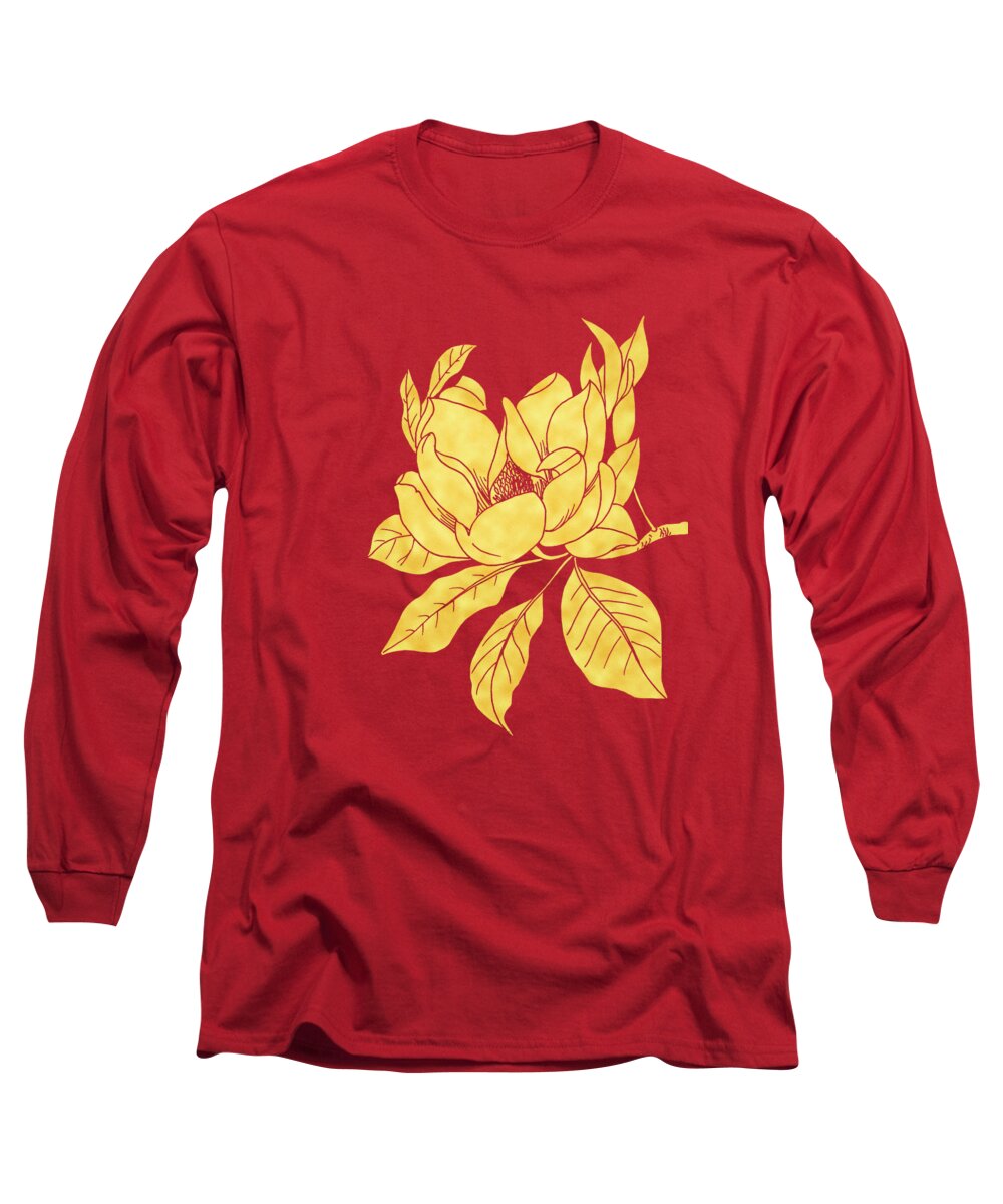 Magnolia Long Sleeve T-Shirt featuring the painting Golden Magnolia by Masha Batkova