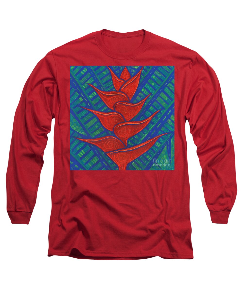 Contemporary Floral Long Sleeve T-Shirt featuring the pastel Heliconia, Red and Blue by Julia Khoroshikh