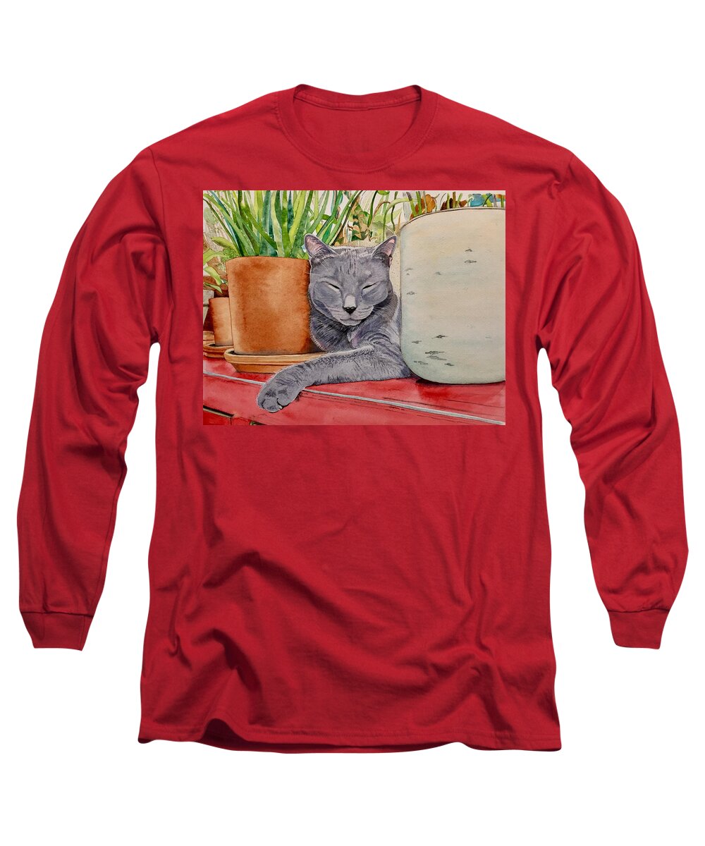 Cat Long Sleeve T-Shirt featuring the painting Louie in an Urban Jungle by Sonja Jones