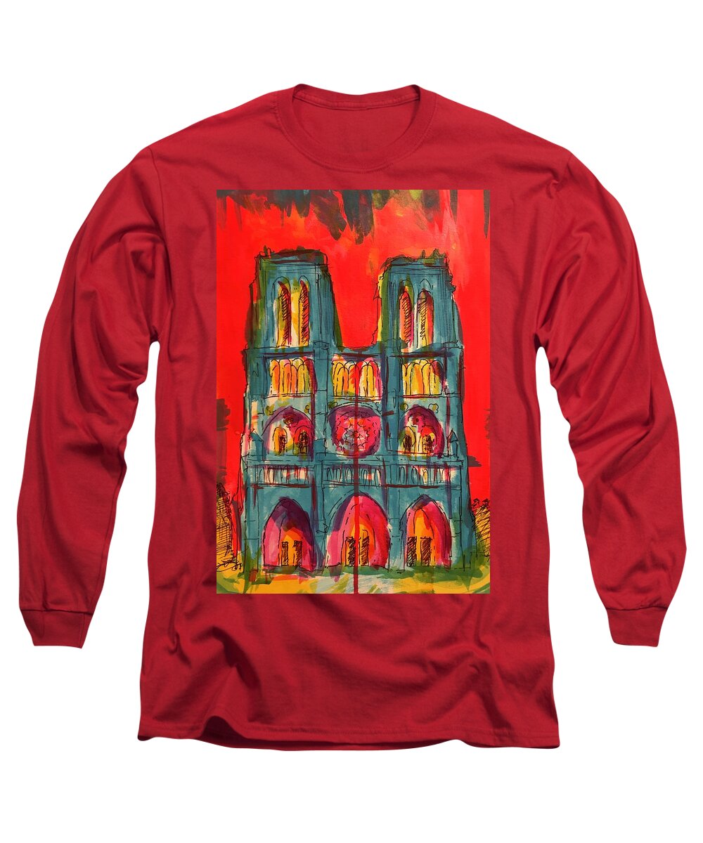Norte Dame Long Sleeve T-Shirt featuring the drawing Norte Dame by Jason Nicholas