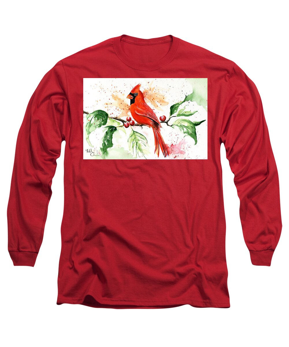 Northern Cardinal Long Sleeve T-Shirt featuring the painting Northern Cardinal by Dora Hathazi Mendes