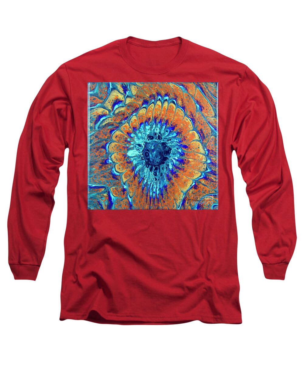  Poured Acrylic Long Sleeve T-Shirt featuring the painting Peacock Fan by Lucy Arnold