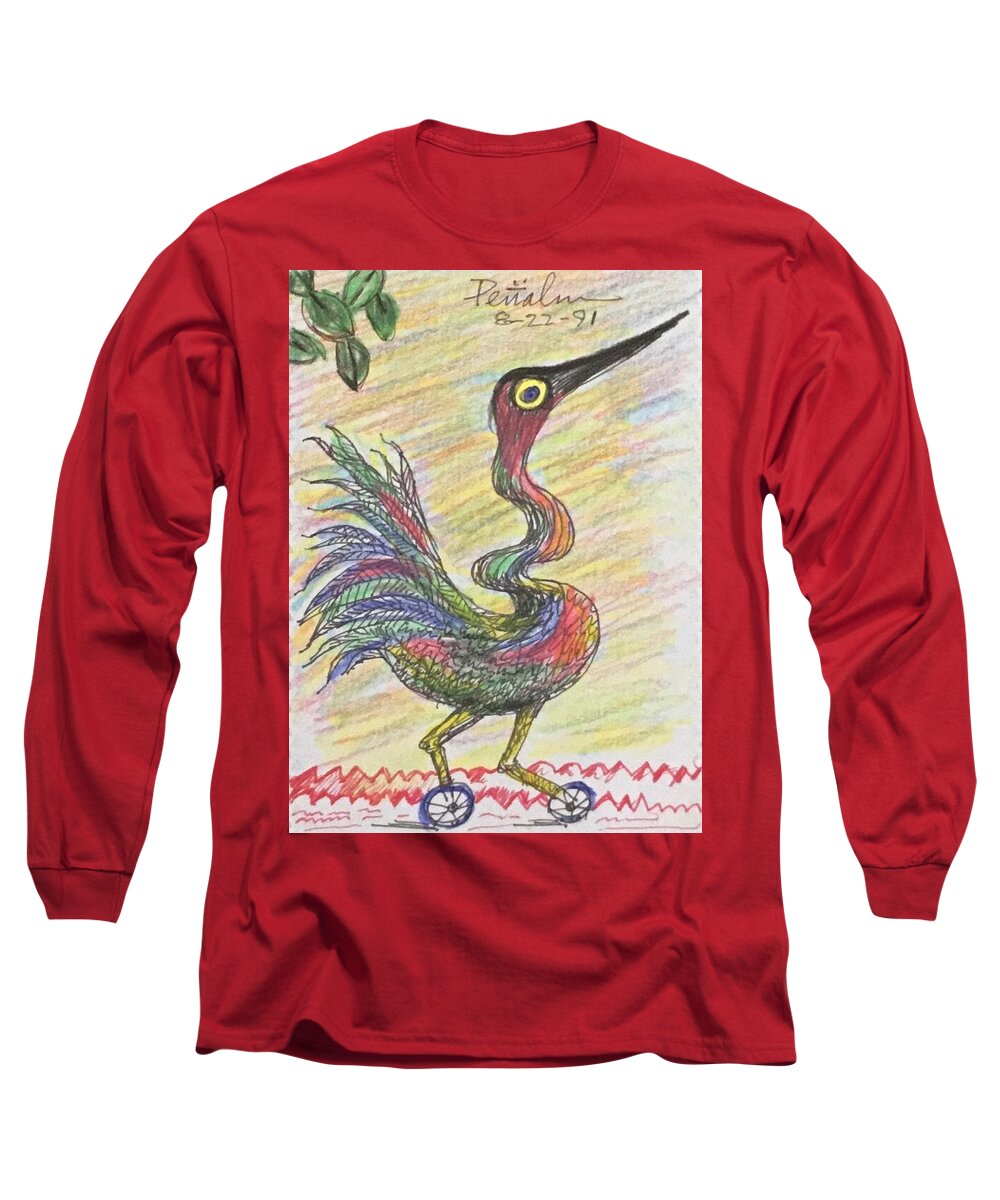 Ricardosart37 Long Sleeve T-Shirt featuring the drawing Rainbow Crane on Wheels by Ricardo Penalver deceased
