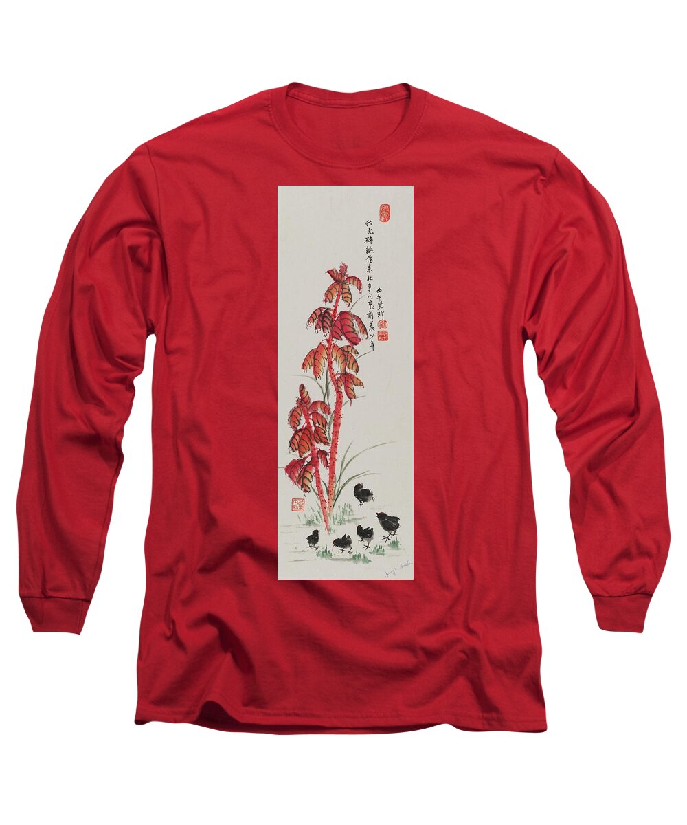Chinese Watercolor Long Sleeve T-Shirt featuring the painting Yan Lai Hong Tree with Baby Chicks by Jenny Sanders