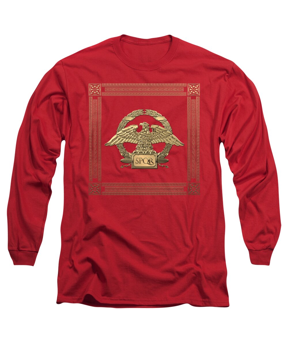 ‘treasures Of Rome’ Collection By Serge Averbukh Long Sleeve T-Shirt featuring the digital art Roman Empire - Gold Roman Imperial Eagle over Red Velvet by Serge Averbukh