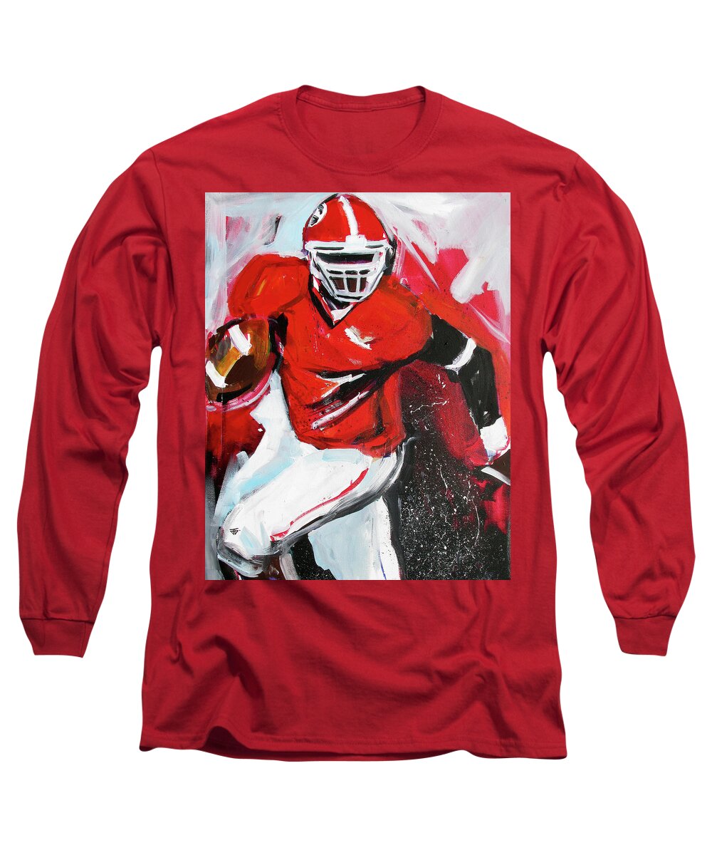 Uga Football Long Sleeve T-Shirt featuring the painting Run For It by John Gholson