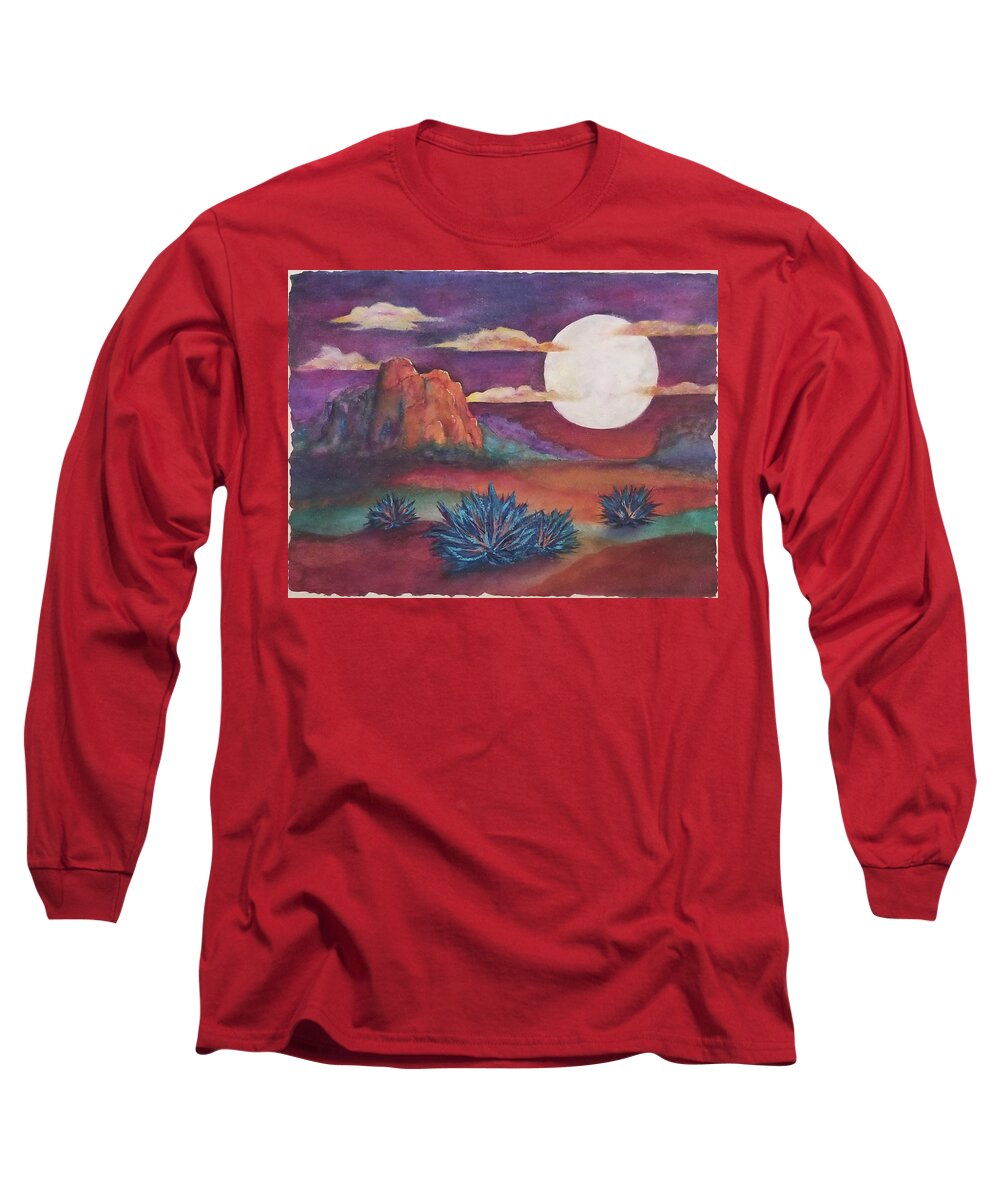 Landscape Long Sleeve T-Shirt featuring the mixed media Agave Moon by Terry Ann Morris