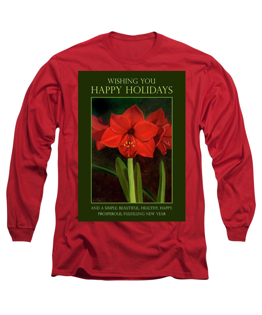 Holiday Long Sleeve T-Shirt featuring the painting Amaryllis Flower Holiday Card by Nancy Griswold