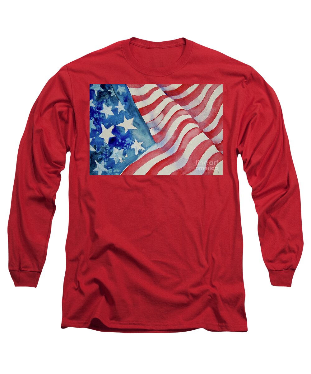 American Flag Long Sleeve T-Shirt featuring the painting American Flag Blowing Freely by Liana Yarckin