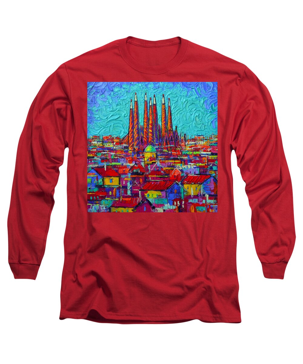 Barcelona Long Sleeve T-Shirt featuring the painting Barcelona Abstract Cityscape - Sagrada Familia by Ana Maria Edulescu