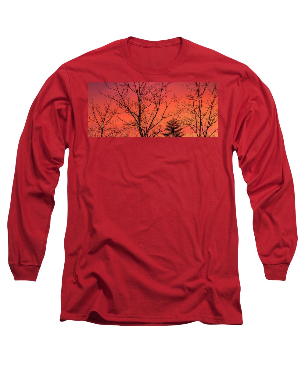 New Hampshire Long Sleeve T-Shirt featuring the photograph Bare Trees And Sky Afire. by Jeff Sinon