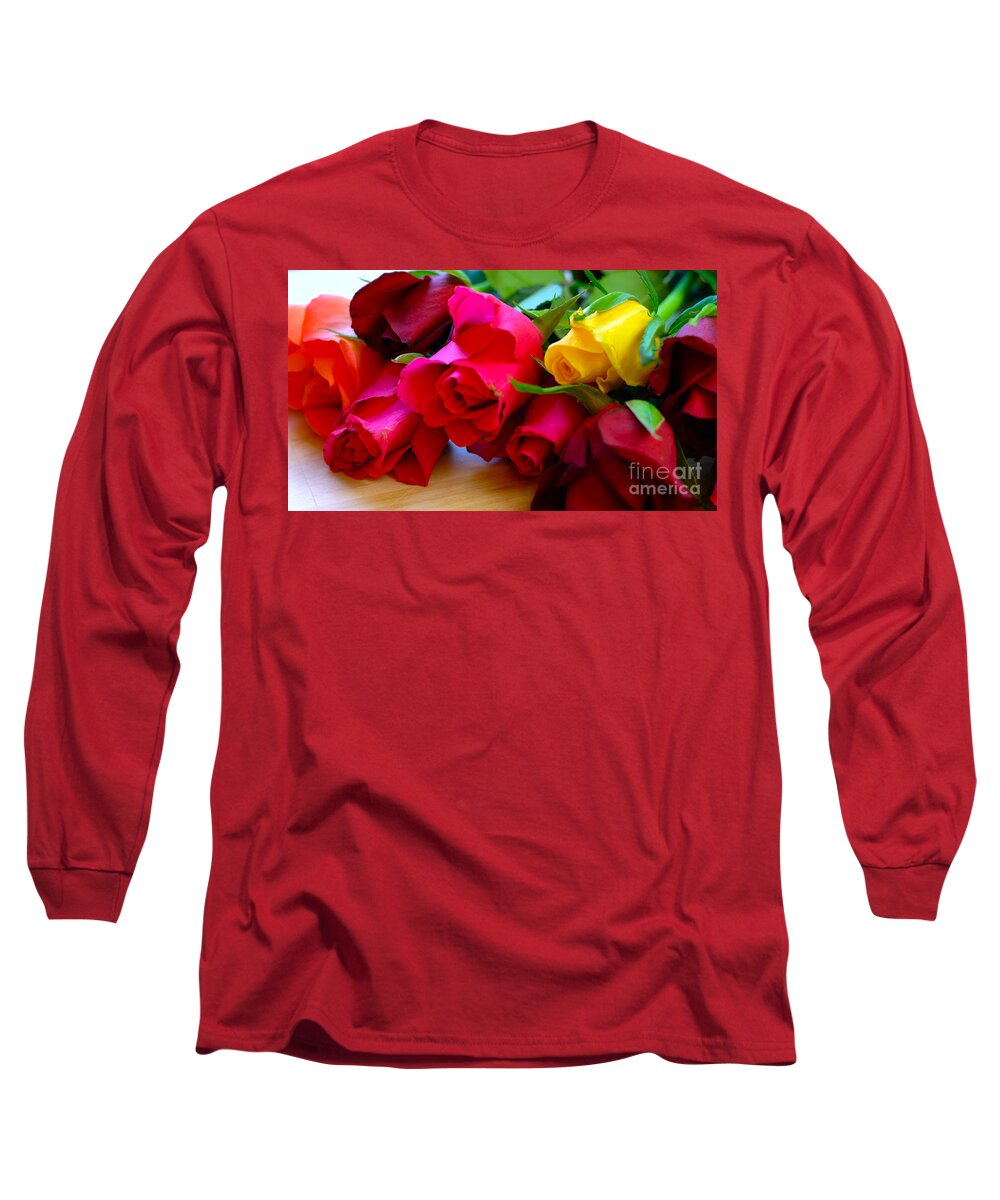Roses Long Sleeve T-Shirt featuring the photograph Beautiful red, pink, yellow and orange roses, closeup macro. by Milleflore Images