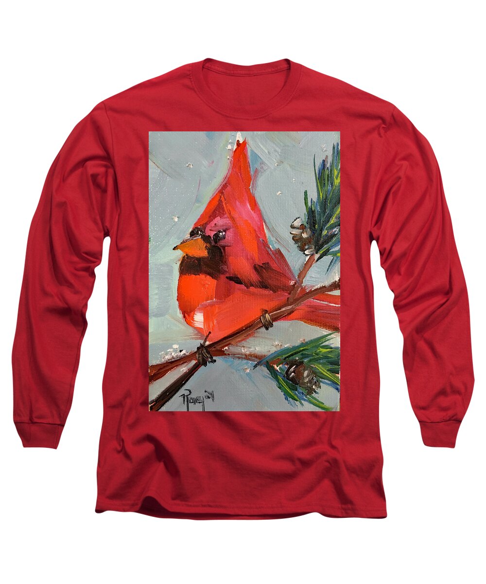 Cardinal Long Sleeve T-Shirt featuring the painting Cardinal in a Fir Tree by Roxy Rich