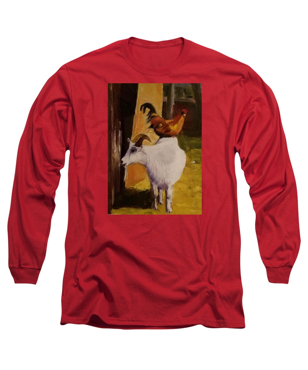 Goat Long Sleeve T-Shirt featuring the painting Chicken on a Goat by Shawn Smith