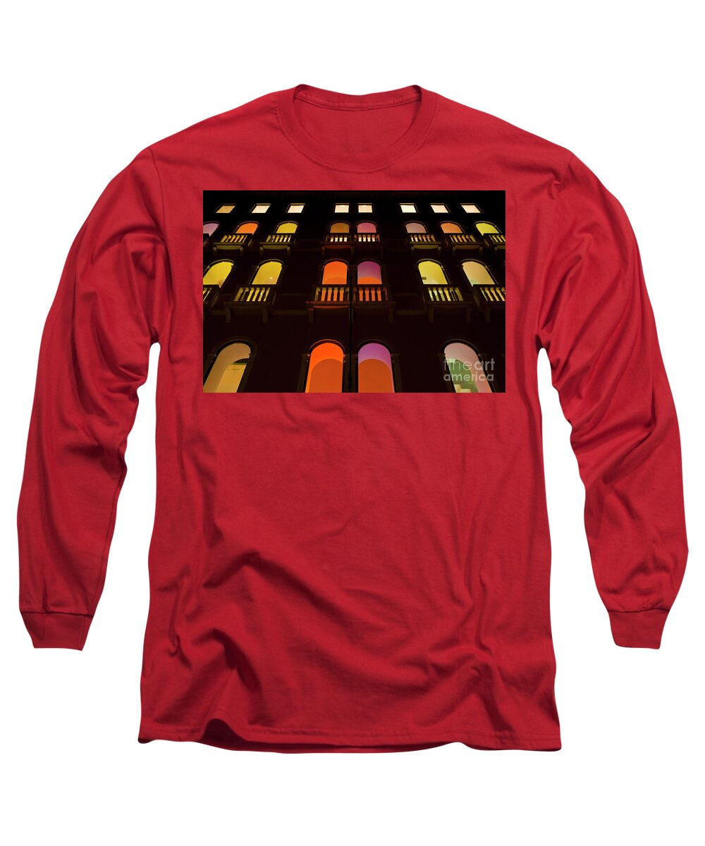 Venice Italy Long Sleeve T-Shirt featuring the photograph Coloured lights in the windows of the Benetton building in Venice, Italy by Neale And Judith Clark