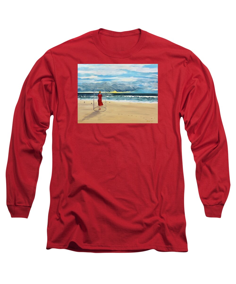 Girl In A Bell Jar Long Sleeve T-Shirt featuring the painting Covid Beach by Thomas Blood