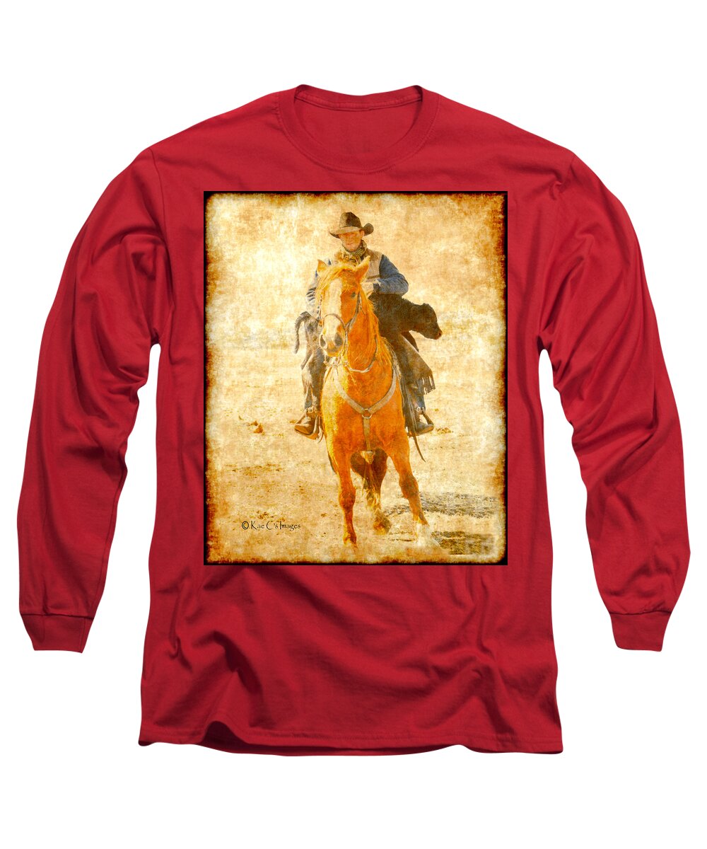 Cowboy Long Sleeve T-Shirt featuring the mixed media Cowboy Helps Calf by Kae Cheatham