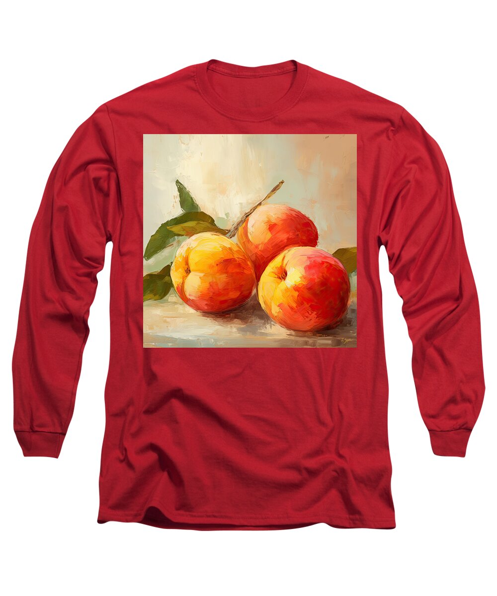 Peaches Artwork Long Sleeve T-Shirt featuring the painting Three Peaches - Peaches Art by Lourry Legarde