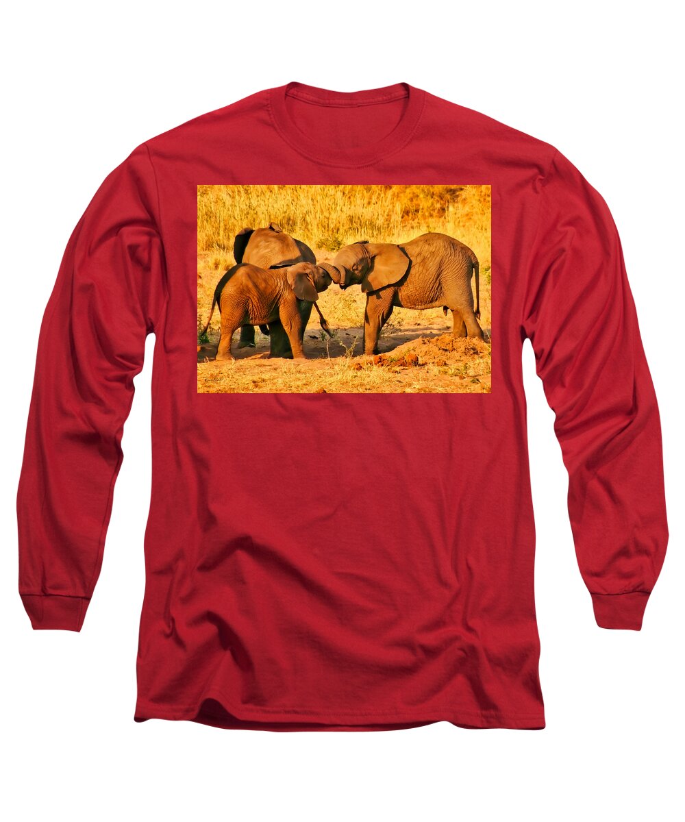 Tug-of-war Long Sleeve T-Shirt featuring the photograph Elephant Tug-of-war by Bruce Block