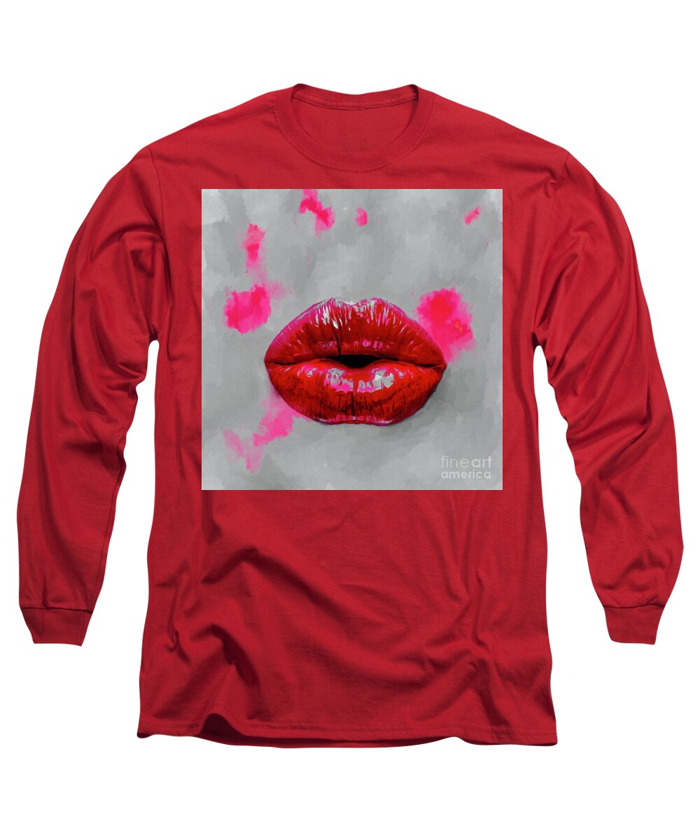 Facemask Long Sleeve T-Shirt featuring the mixed media Facemask Lips 3 by Laurie's Intuitive