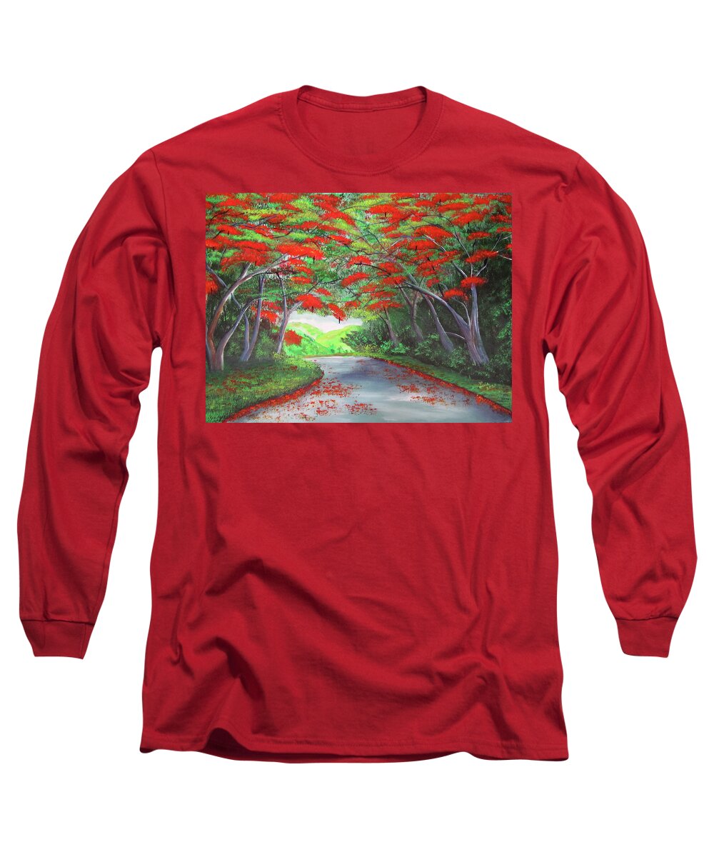 Flamboyanes Long Sleeve T-Shirt featuring the painting Precious Red Road by Luis F Rodriguez