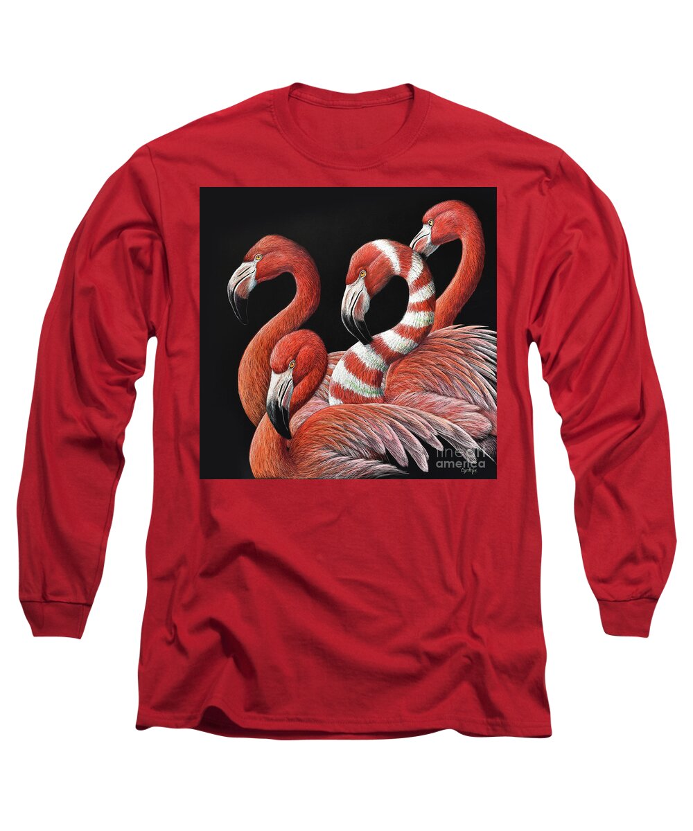 Cynthie Fisher Long Sleeve T-Shirt featuring the drawing Flamingo by Cynthie Fisher