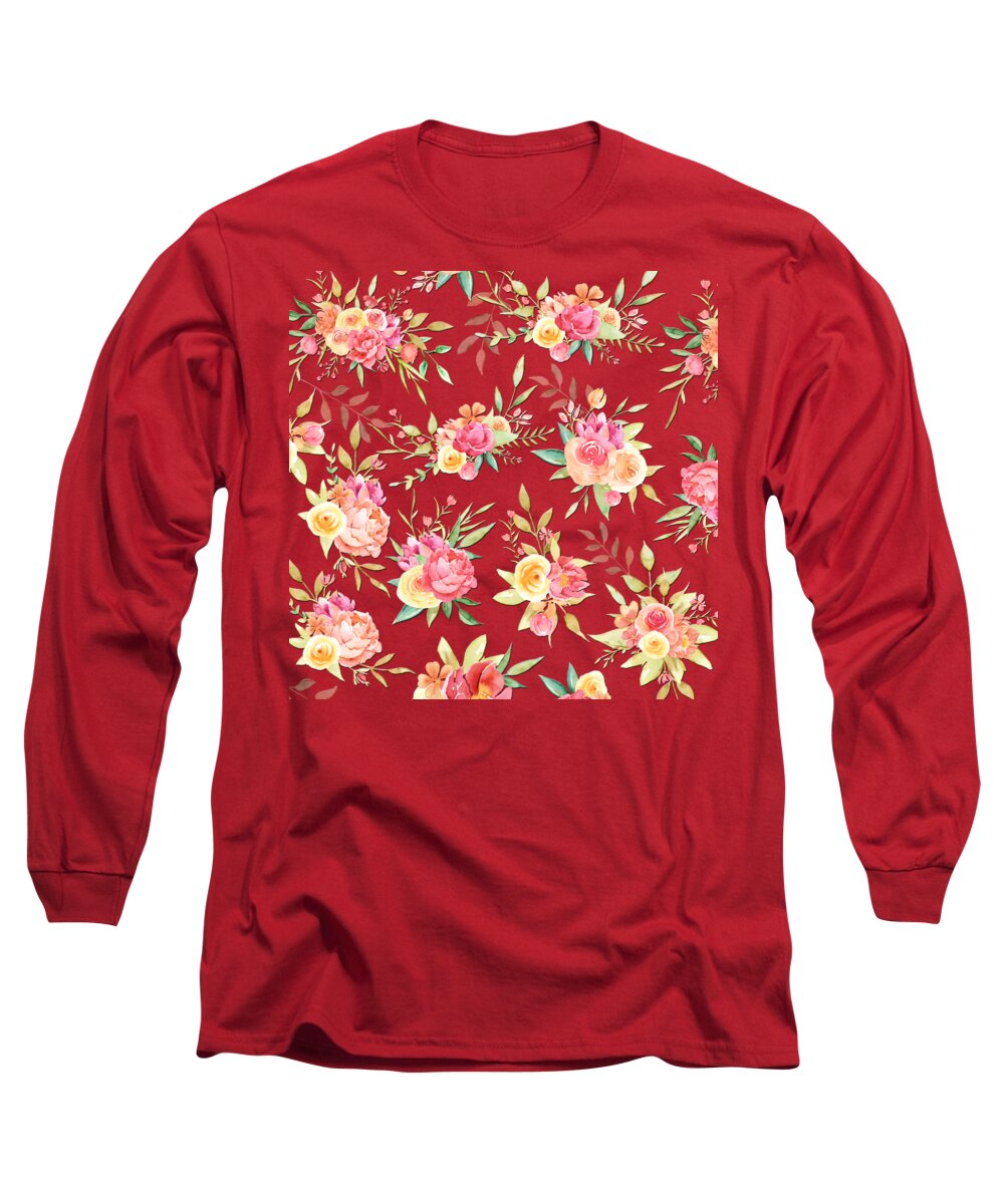 Bouquet Long Sleeve T-Shirt featuring the digital art Floral Bouquet Pattern On Taupe by HH Photography of Florida