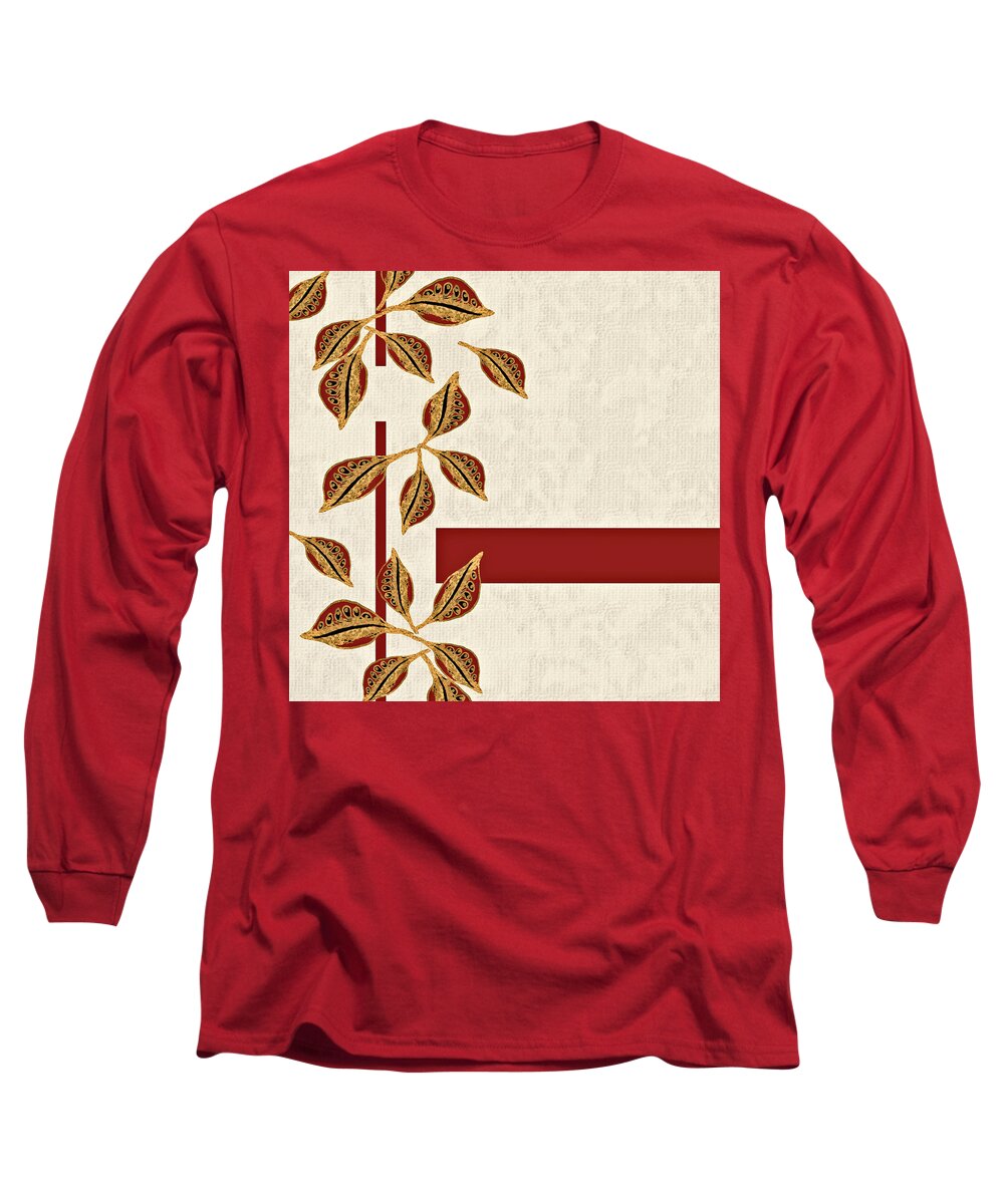 Gold Long Sleeve T-Shirt featuring the digital art Golden Seed Pods Red Bar by Sand And Chi