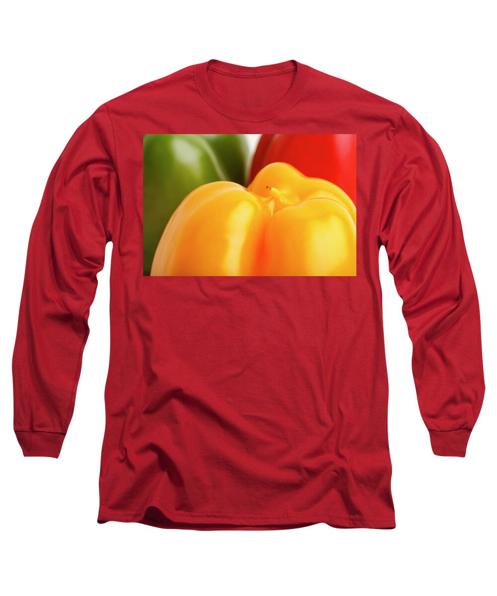 Agriculture Long Sleeve T-Shirt featuring the photograph Green Red and Yellow Bell Peppers Closeup by Todd Bannor