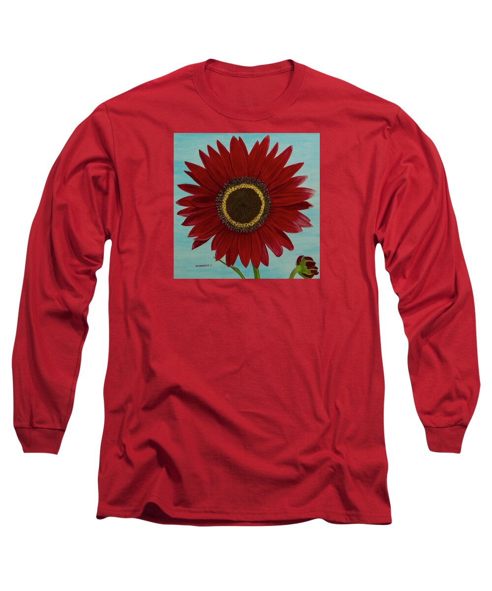 Sunflower Long Sleeve T-Shirt featuring the painting Mandy's Burgundy Beauty by Donna Manaraze