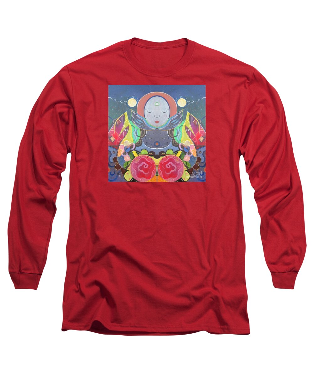 Moon Magic Doubled By Helena Tiainen Long Sleeve T-Shirt featuring the mixed media Moon Magic Doubled by Helena Tiainen