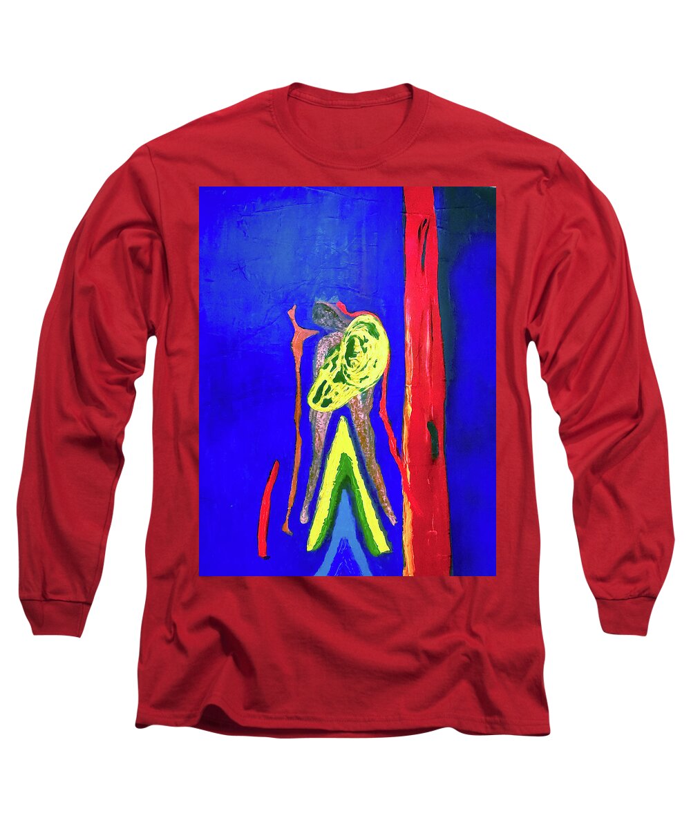 Naked Girl In Marching Band Long Sleeve T-Shirt featuring the mixed media Nakes girl in Marching Band by Bencasso Barnesquiat