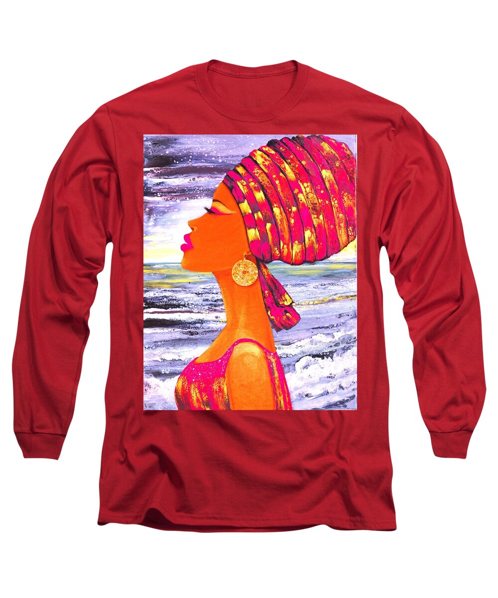 Acrylic Painting Art Wall Abstract Art Artwork Princess Nubian Queen Art For Sale Long Sleeve T-Shirt featuring the painting Nubian Princess by Tanya Harr