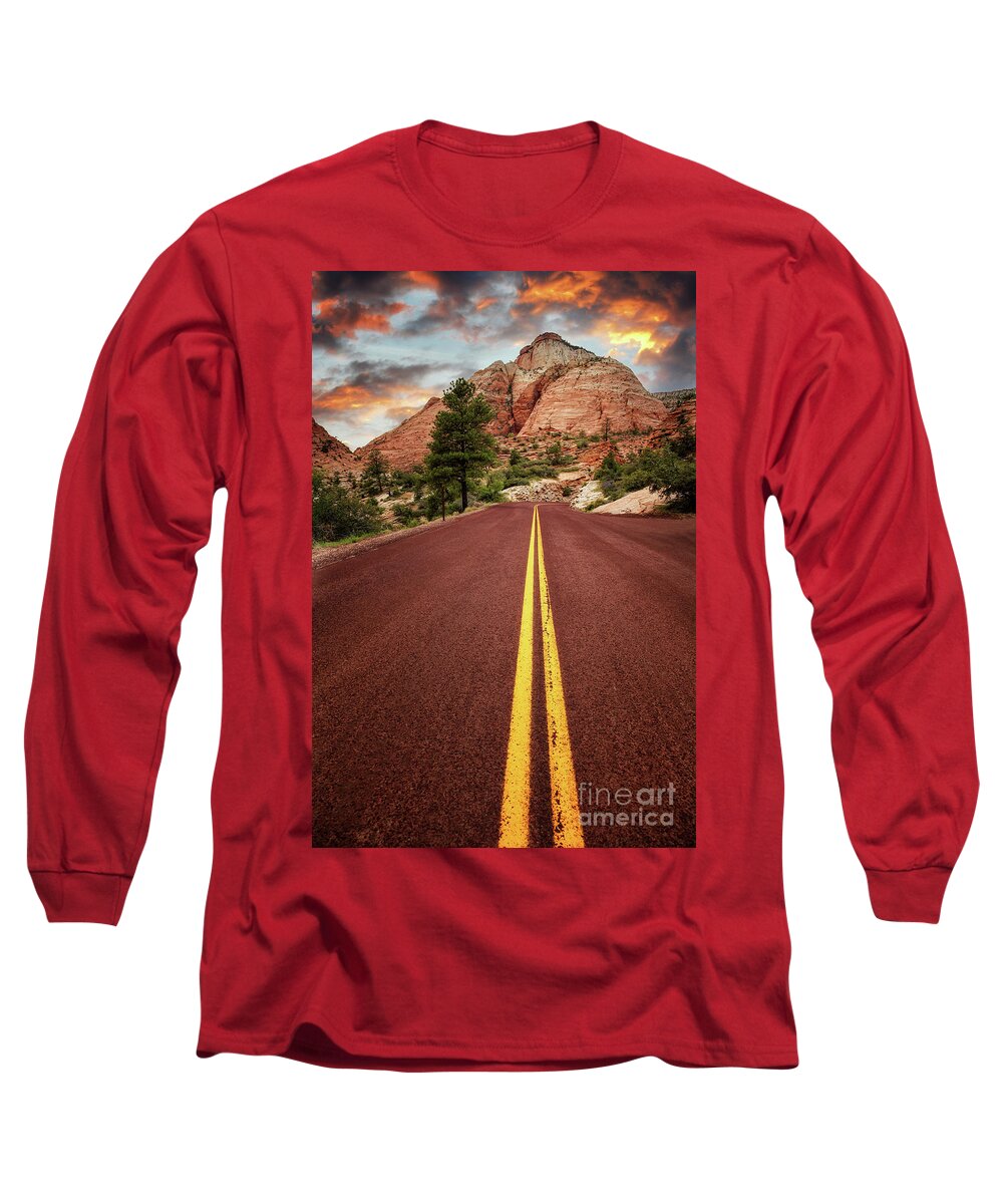 Road Long Sleeve T-Shirt featuring the photograph On the road in Zion at sunset, Utah, USA by Jane Rix