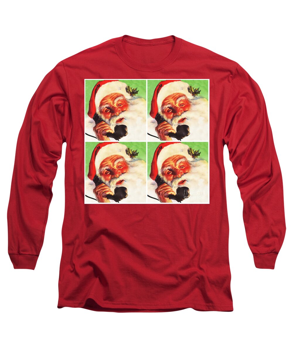 Christmas Long Sleeve T-Shirt featuring the mixed media Phone Santa by Sally Edelstein
