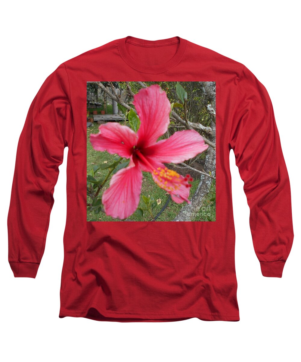 Pink Long Sleeve T-Shirt featuring the photograph Pink Hibiscus by Nancy Graham