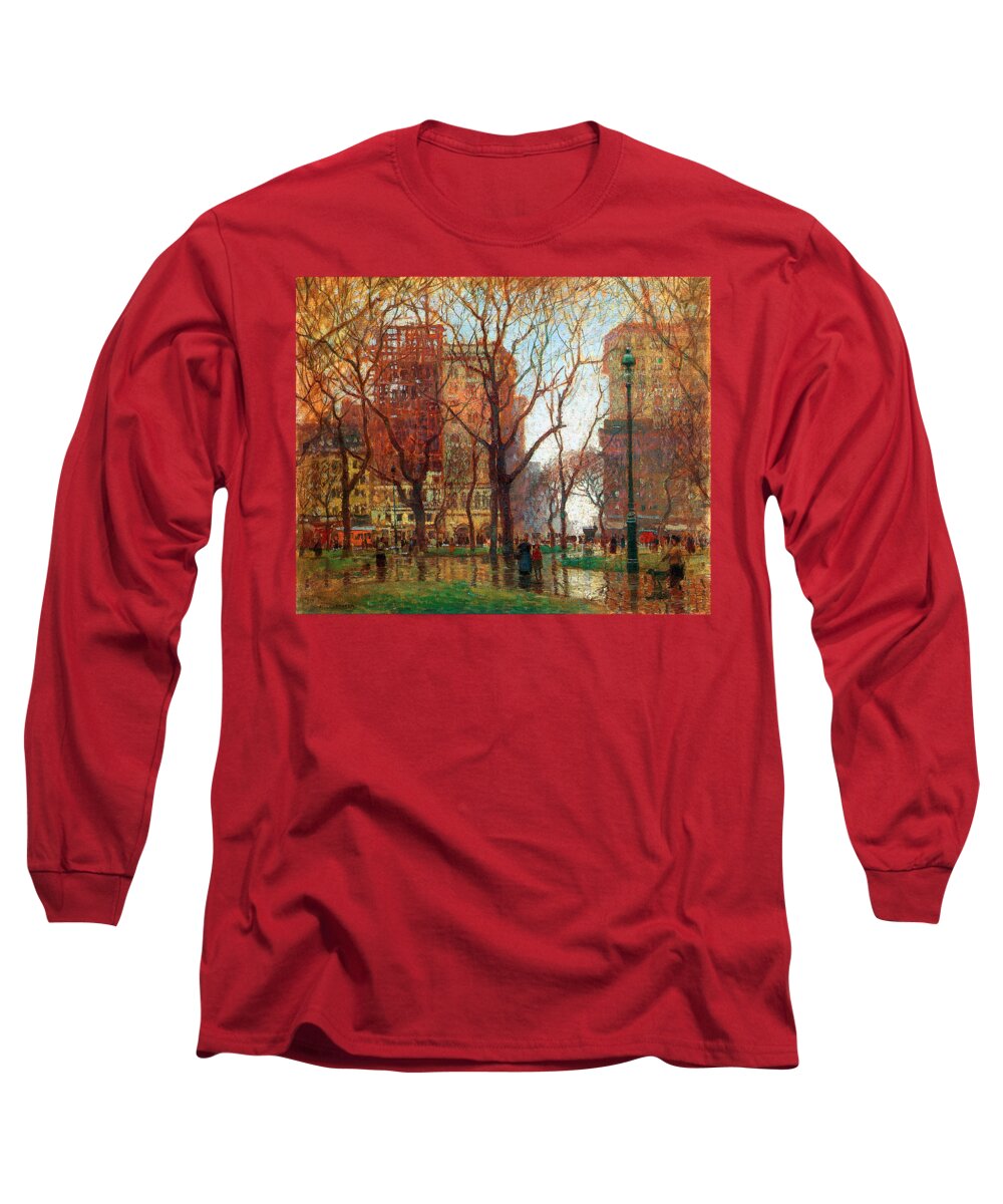 Cornoyer Long Sleeve T-Shirt featuring the painting Rainy Day Madison Square New York 1907 by Paul Cornoyer