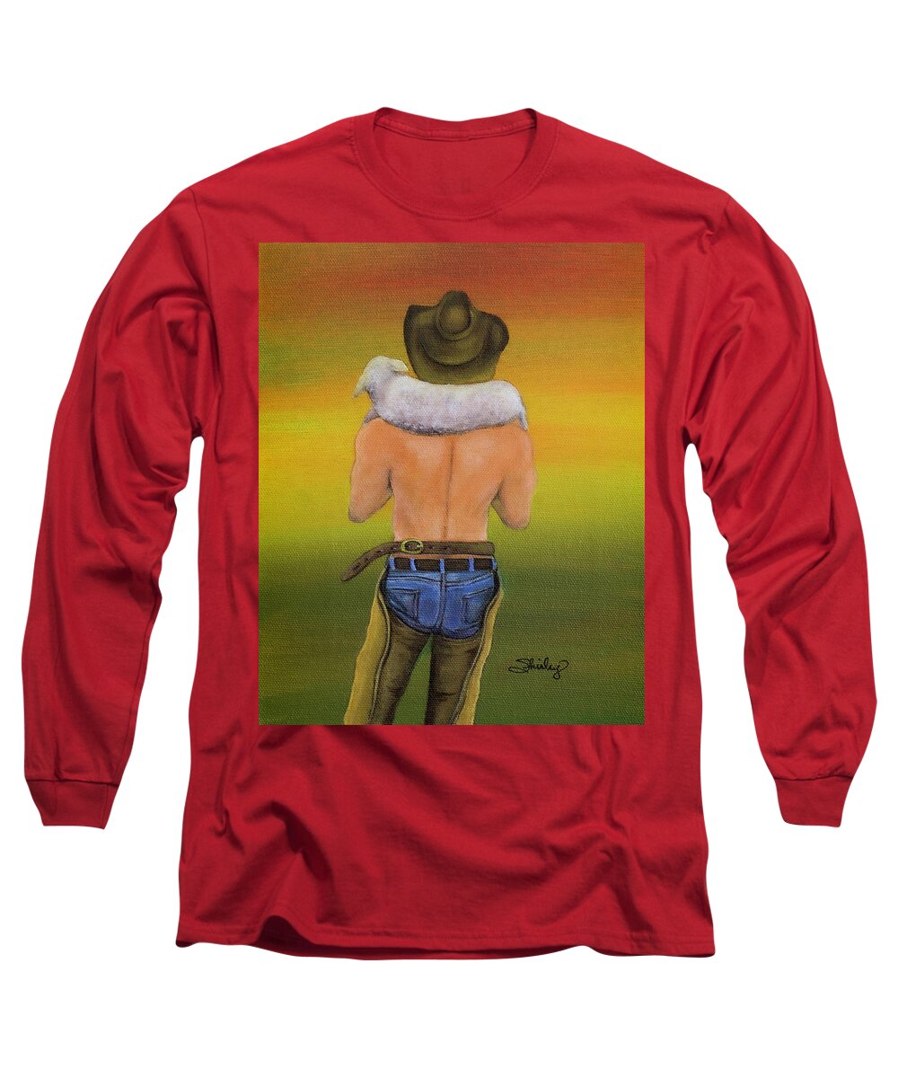 Rancher Long Sleeve T-Shirt featuring the painting Rancher with Lamb by Shirley Dutchkowski
