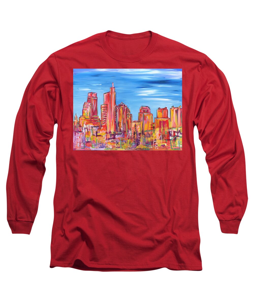 Philly Long Sleeve T-Shirt featuring the painting Red and Blue Philadelphia Skyline by Britt Miller